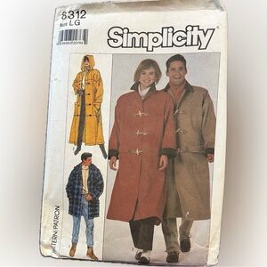 🍄New Simplicity 8312 Lined Coat Top Men Women Teen Uncut Pattern Large Sewing